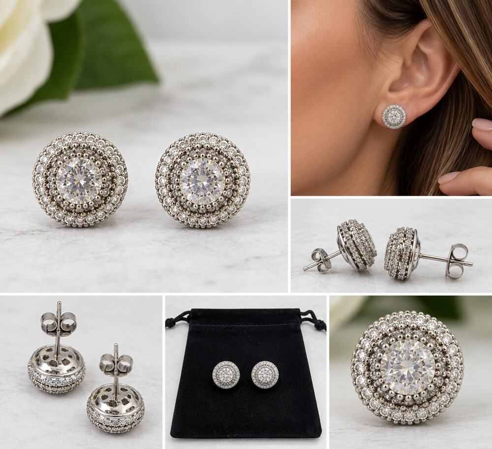 Silver-Tone Round Halo Stud Earrings